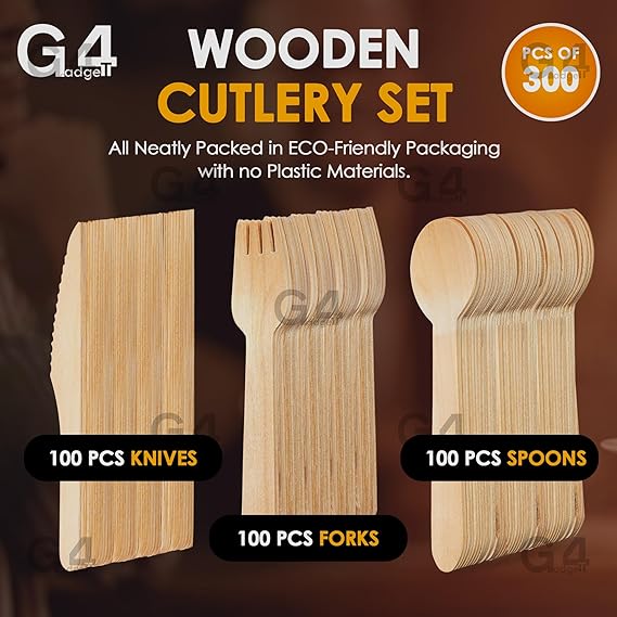 Biodegradable Wooden Cutlery Set | 300 Pieces Utensils 6