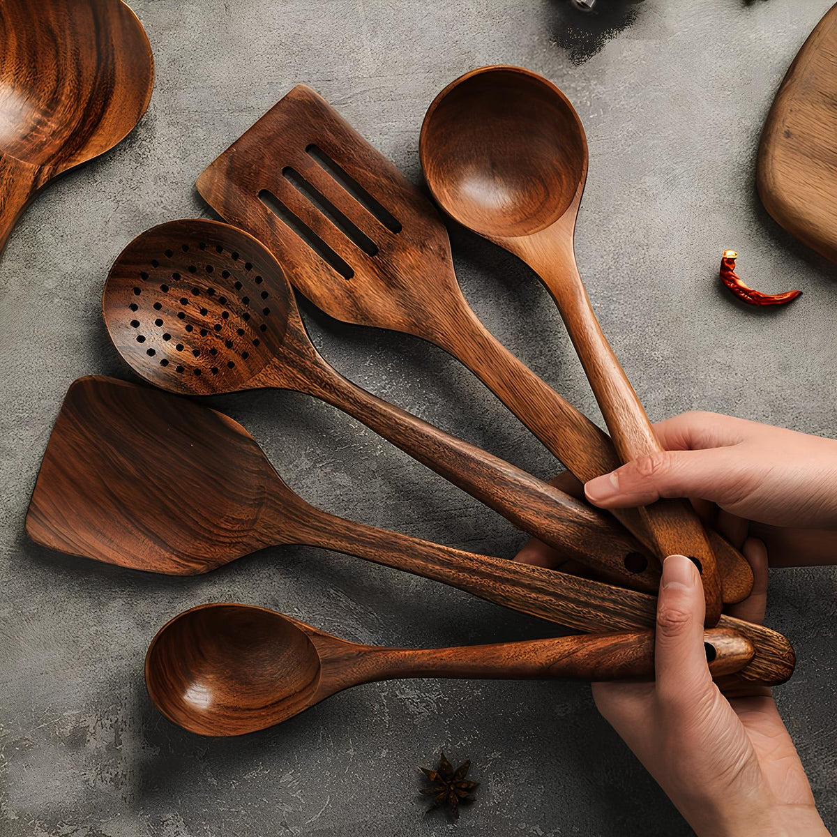 Natural Teak Kitchen Utensil Set | 5-Piece Wood Cooking Tools 0