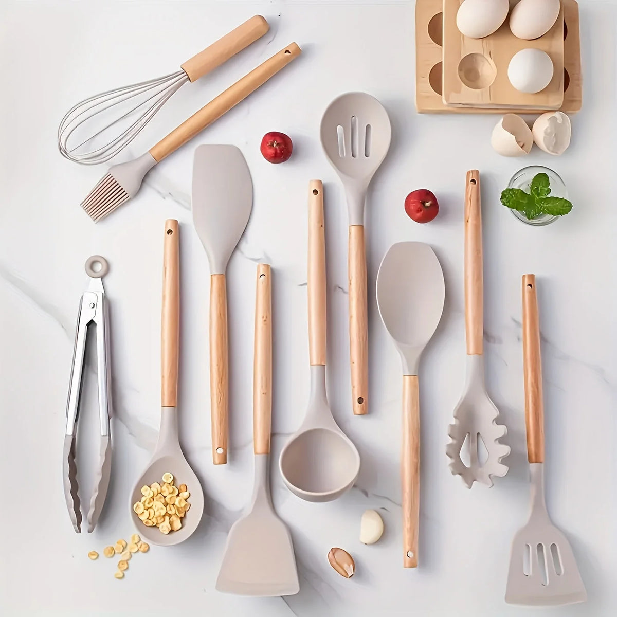 Skanto 12-Piece Kitchen Utensil Set Silicone Wooden Handles 1